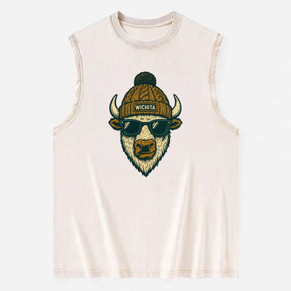 Kansas American Bison wearing Wichita beanie with pom pom and wayfarer - Vintage Washed Tank - Beige