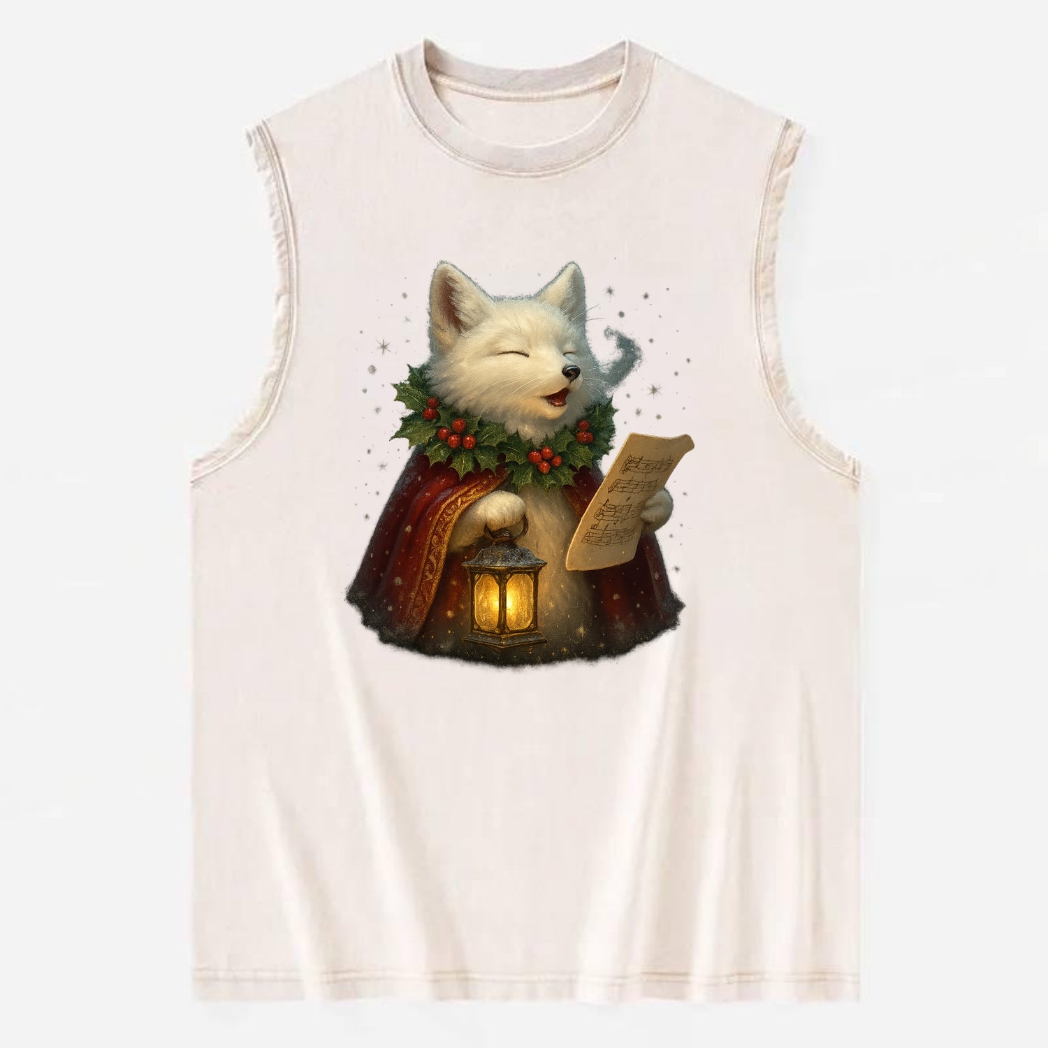 Snowbound Arctic Fox Caroler  - Vintage Washed Tank - Beige