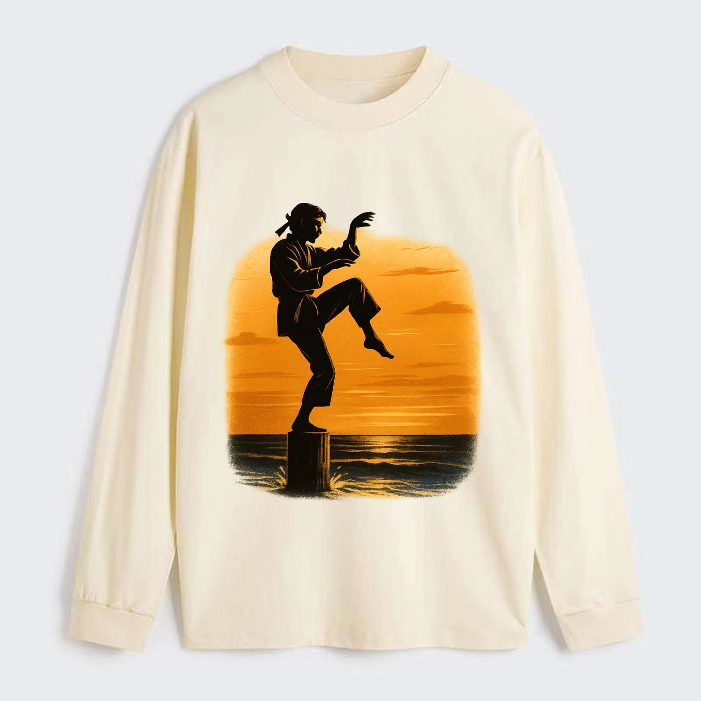 karate crane kick pose on wooden post at beach sunset - Classic Long Sleeve Shirt - Beige