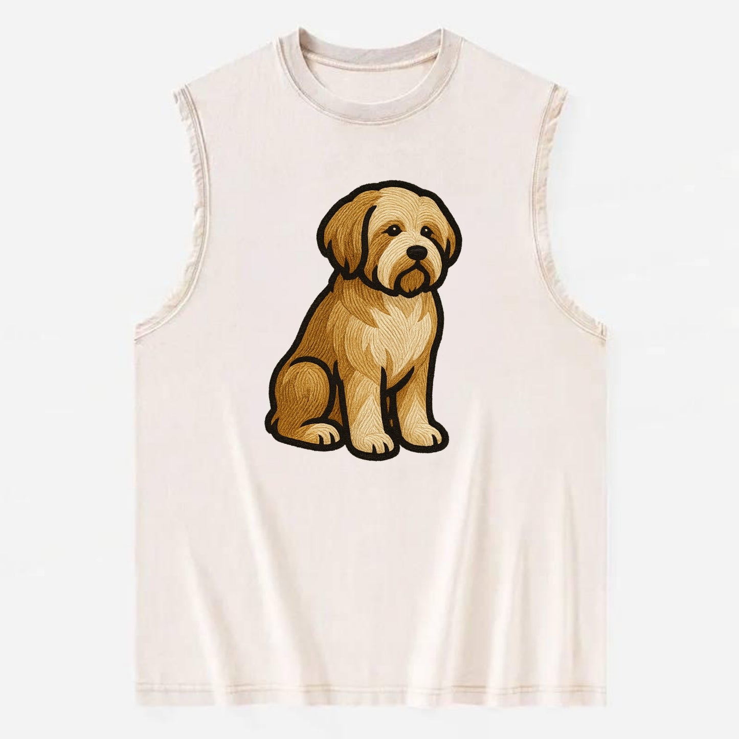 Tibetan Terrier - Gold and white embroidered sitting pose - Vintage Washed Tank - Beige