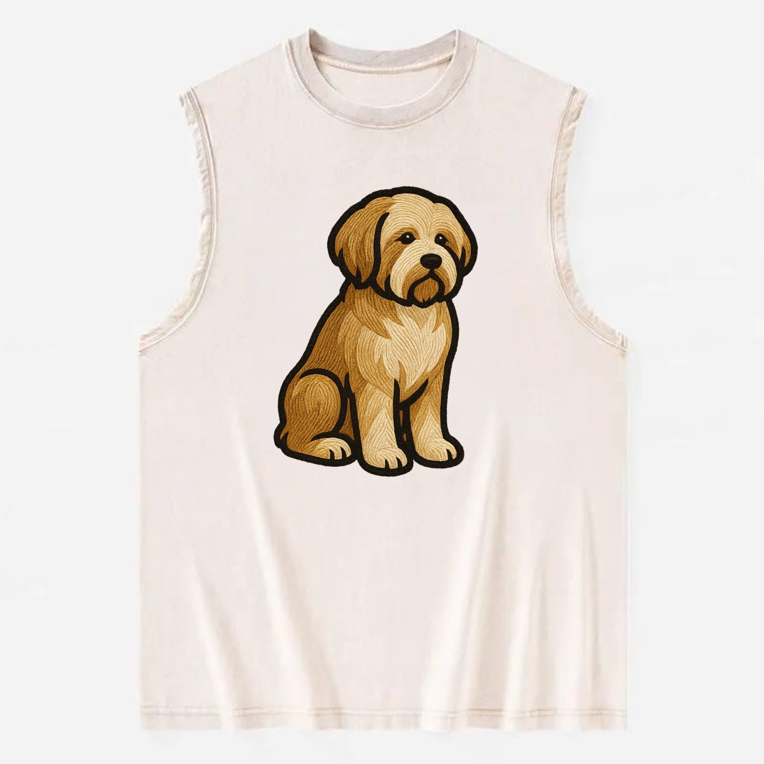 Tibetan Terrier - Gold and white embroidered sitting pose - Vintage Washed Tank - Beige