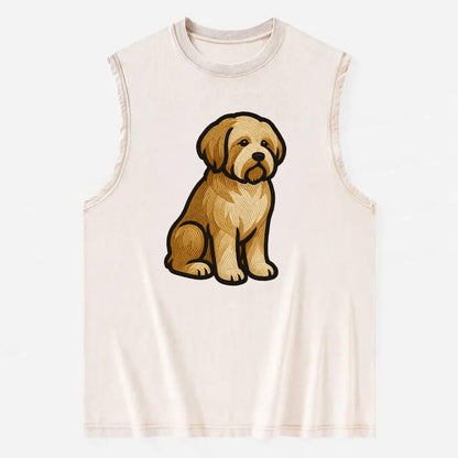 Tibetan Terrier - Gold and white embroidered sitting pose - Vintage Washed Tank - Beige