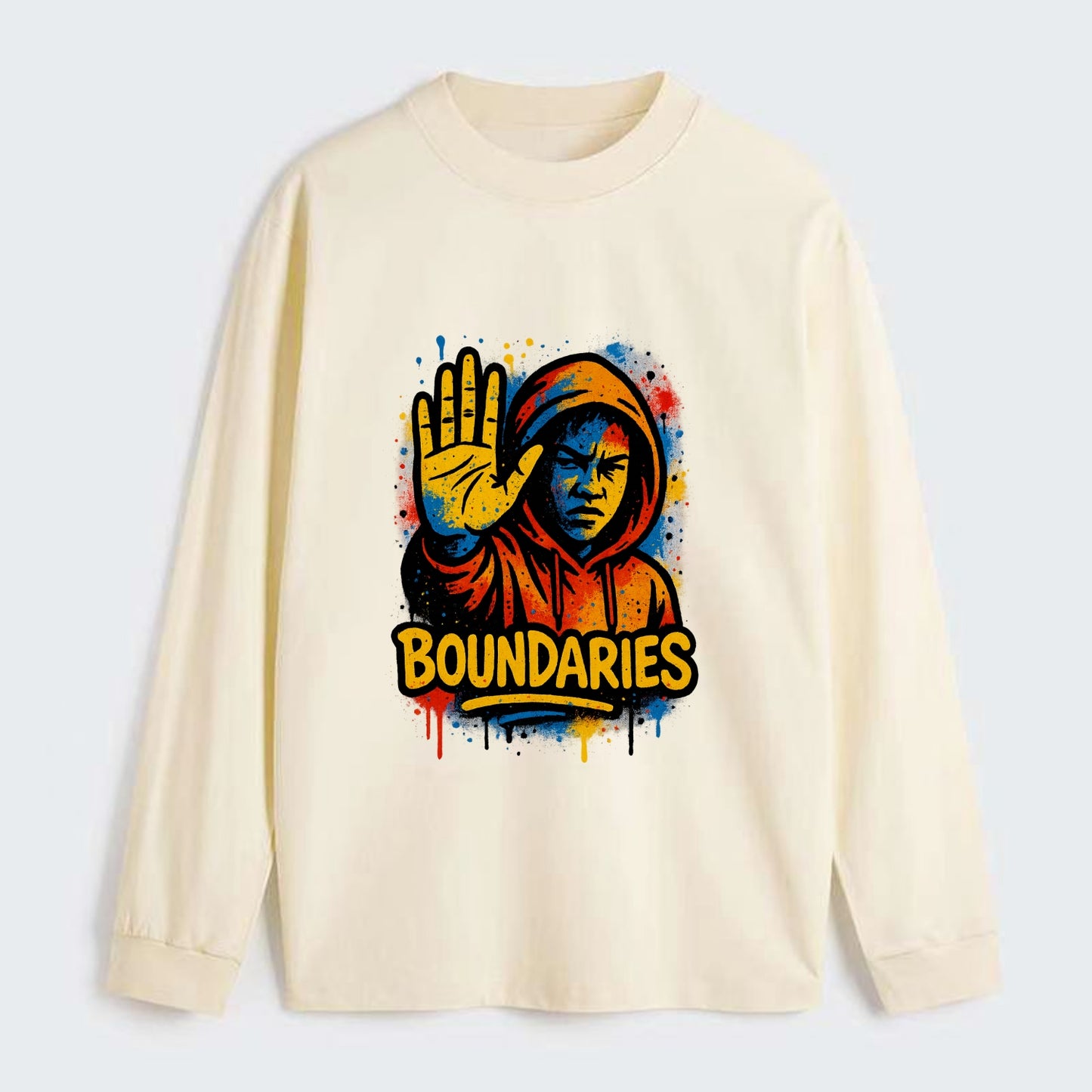 Person holding up hand in "stop" gesture - setting boundaries concept, - Classic Long Sleeve Shirt - Beige