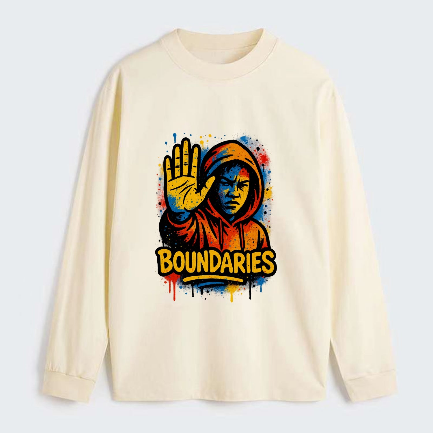 Person holding up hand in "stop" gesture - setting boundaries concept, - Classic Long Sleeve Shirt - Beige