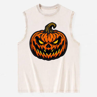 HALLOWEEN PUMPKIN - jack o lantern in orange and black , spooky - Vintage Washed Tank - Beige