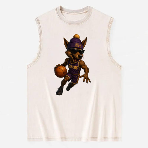 Hollywood Coyote wearing Lakers beanie with Showtime patch and wayfarer - Vintage Washed Tank