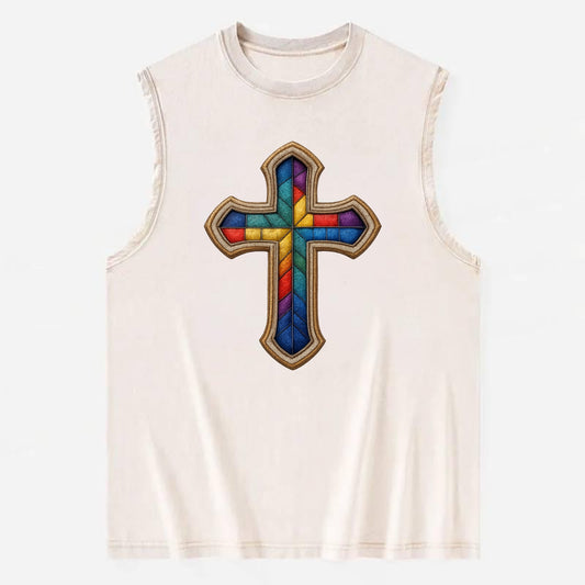 Stained Glass Cross  - Vintage Washed Tank - Beige