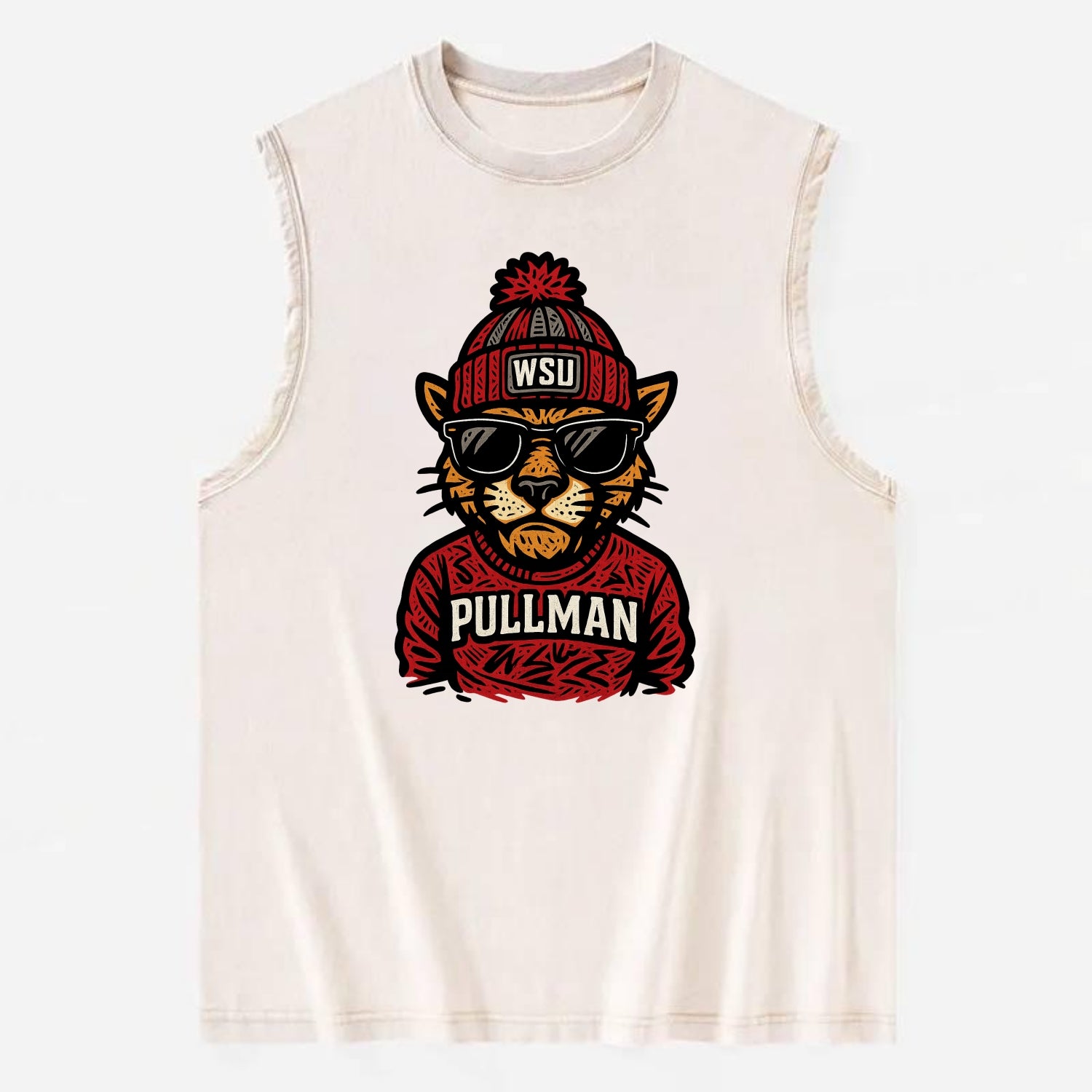 Pullman Cougar wearing Washington State beanie with WSU patch - Vintage Washed Tank - Beige