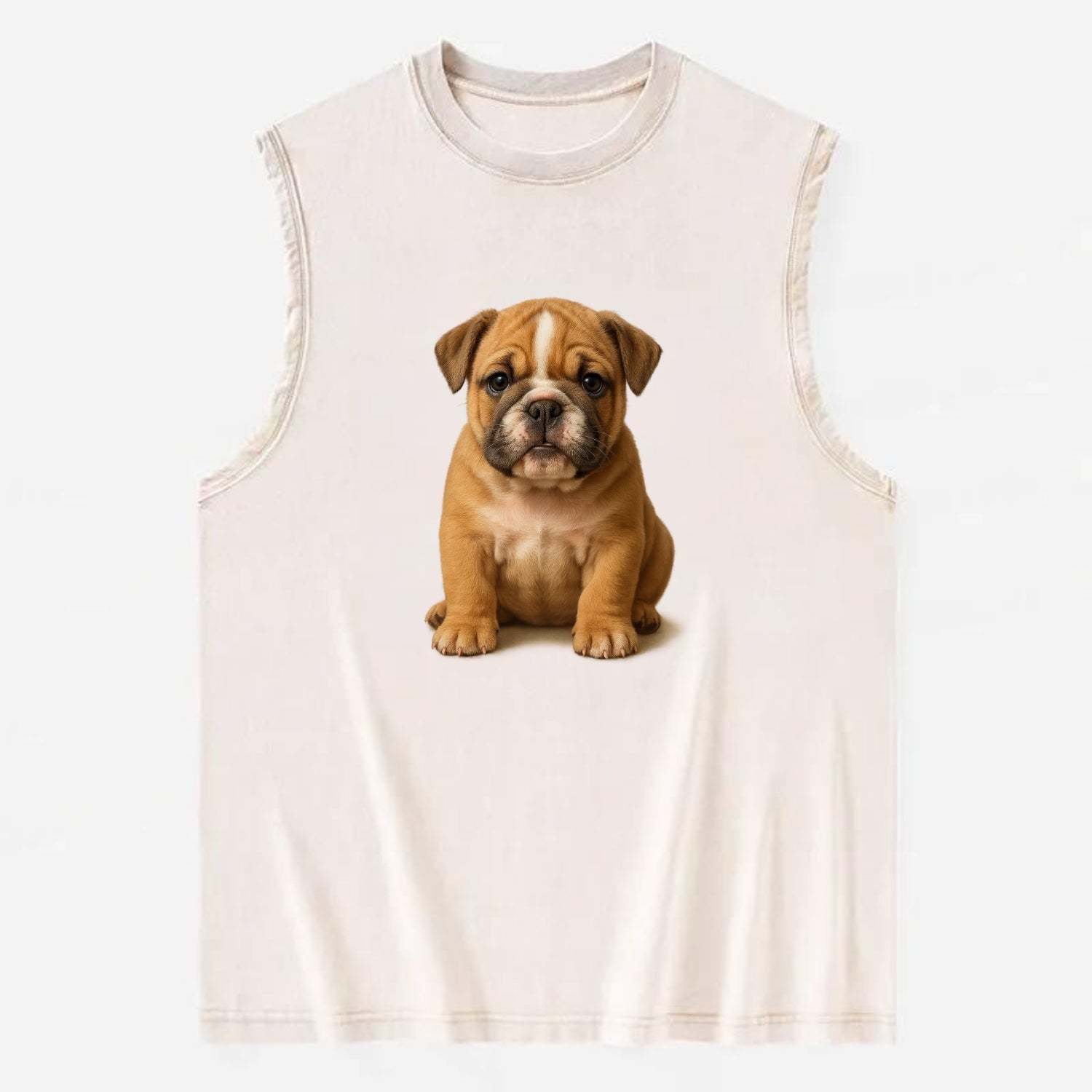 Baby Bulldog Puppy - wrinkly face, underbite, stocky body, gentle eyes, - Vintage Washed Tank - Beige