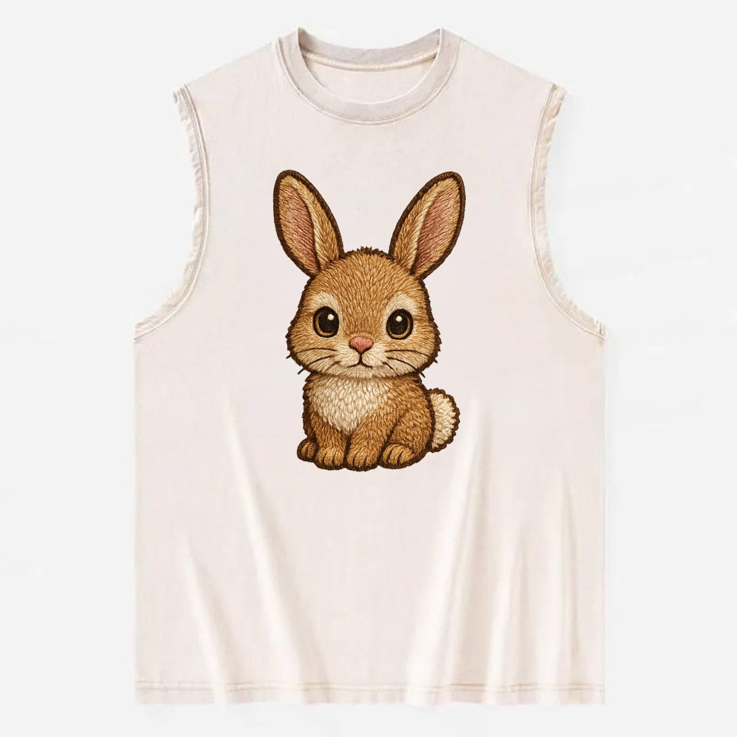Baby Rabbit - long ears, fluffy white tail, pink nose, large brown eyes, - Vintage Washed Tank - Beige