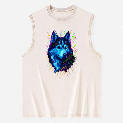 Siberian husky with ice-crystal flowing patterns, electric blue and white - Vintage Washed Tank - Beige