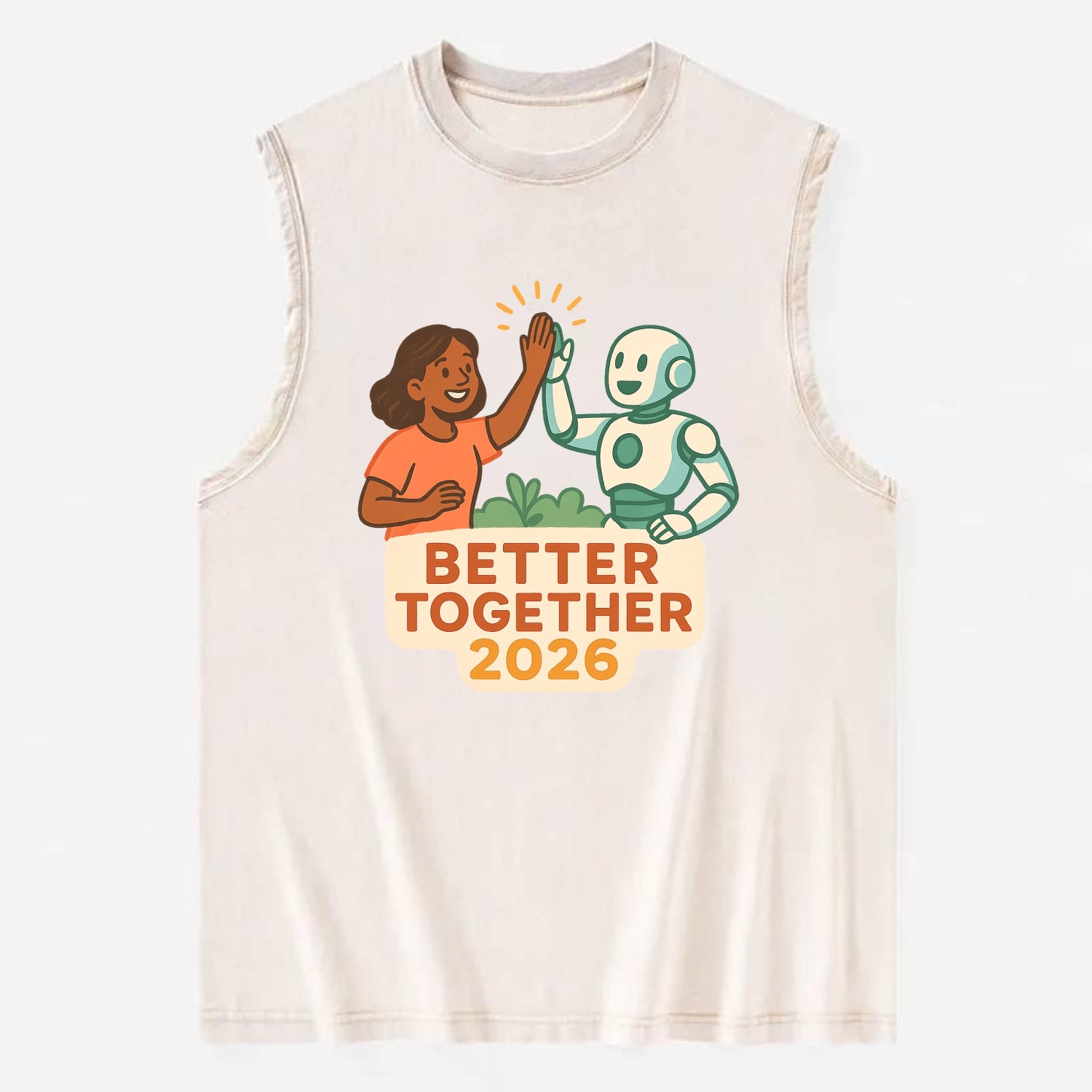 Human and AI robot high-fiving as collaborative partners - "Better Together - Vintage Washed Tank - Beige