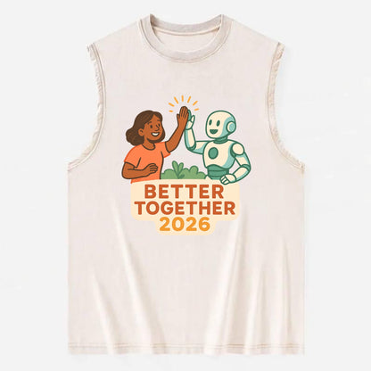 Human and AI robot high-fiving as collaborative partners - "Better Together - Vintage Washed Tank - Beige