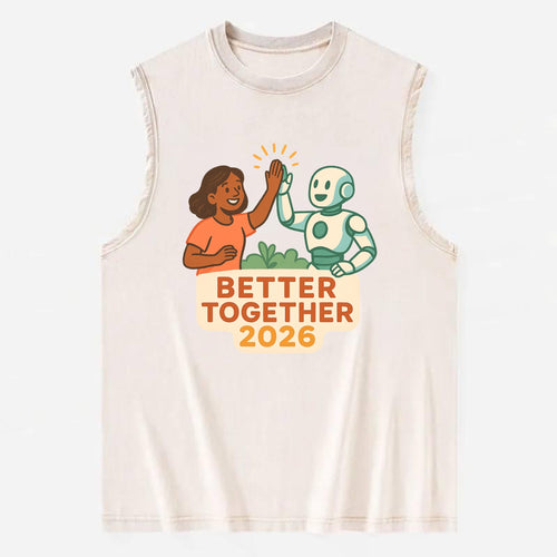 Human and AI robot high-fiving as collaborative partners - Better Together - Vintage Washed Tank