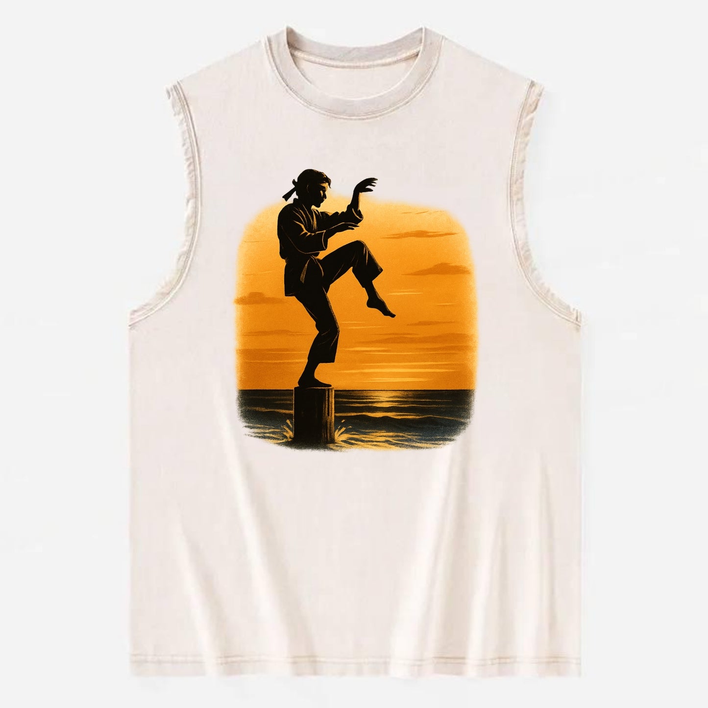 karate crane kick pose on wooden post at beach sunset - Vintage Washed Tank - Beige