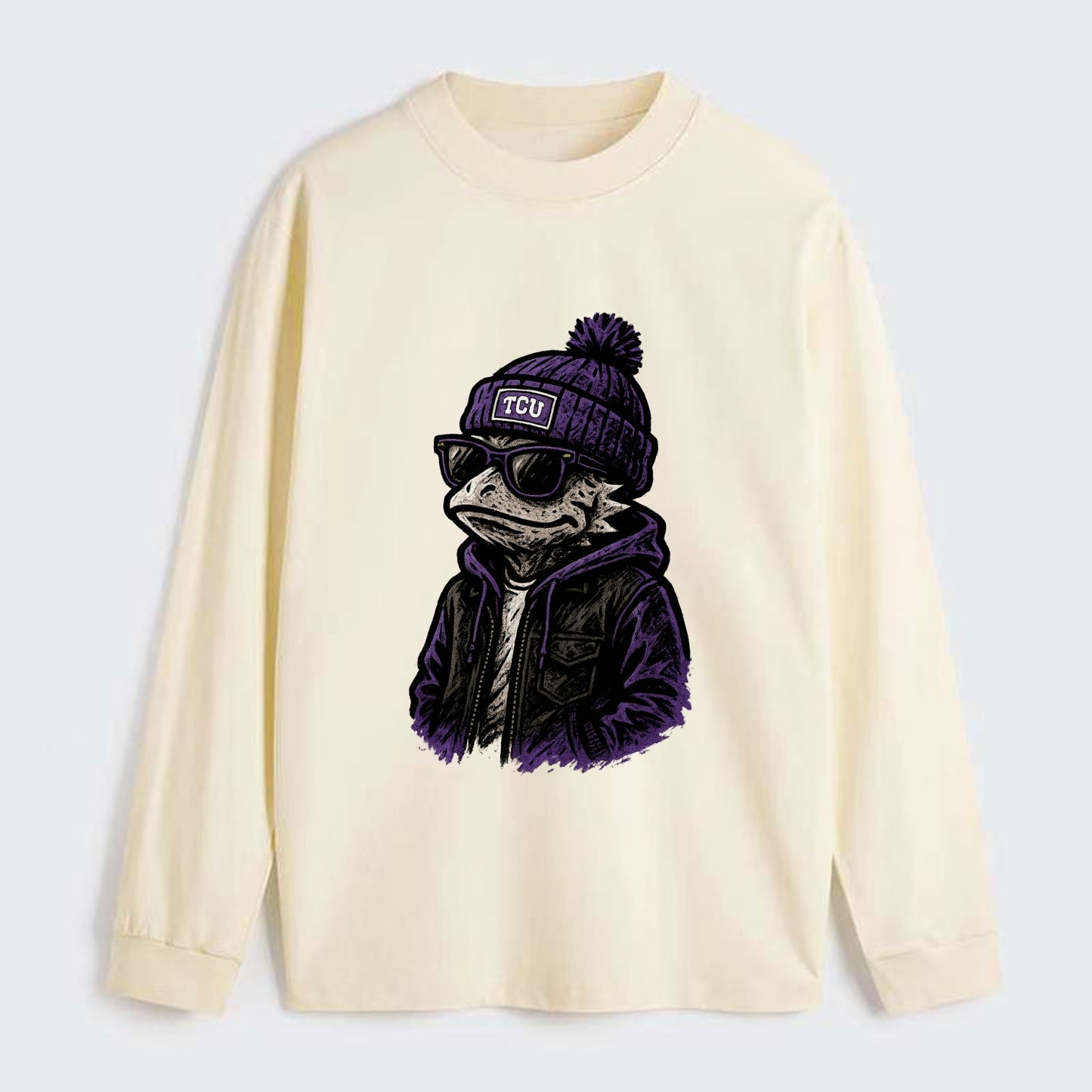 Fort Worth Frog wearing TCU beanie with horned patch - Classic Long Sleeve Shirt - Beige