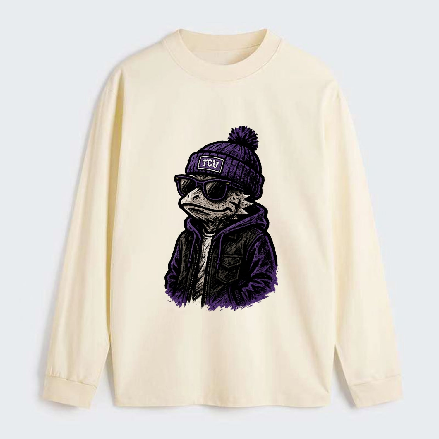Fort Worth Frog wearing TCU beanie with horned patch - Classic Long Sleeve Shirt - Beige
