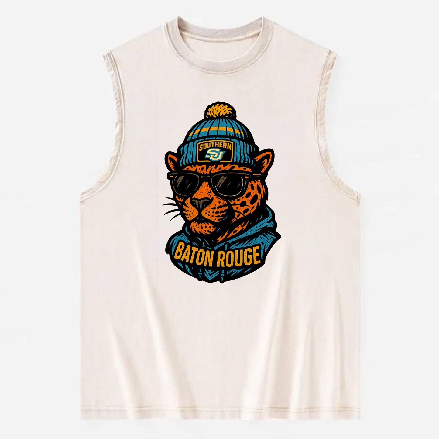 Baton Rouge Jaguar wearing Southern beanie with SU patch - Vintage Washed Tank - Beige