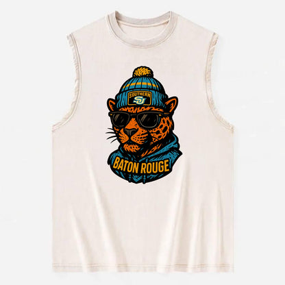 Baton Rouge Jaguar wearing Southern beanie with SU patch - Vintage Washed Tank - Beige