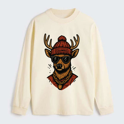 Columbus White-tailed Deer wearing Columbus beanie with pom pom and - Classic Long Sleeve Shirt - Beige
