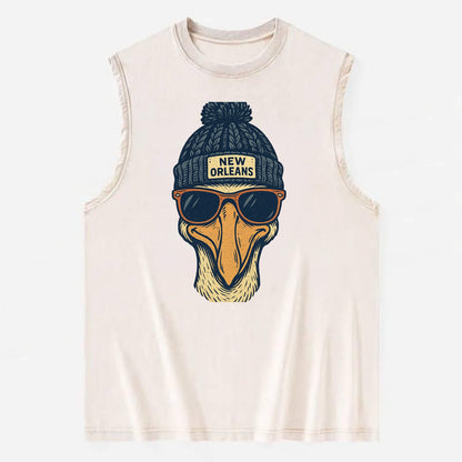 New Orleans Pelican wearing New Orleans beanie with pom pom and wayfarer - Vintage Washed Tank - Beige