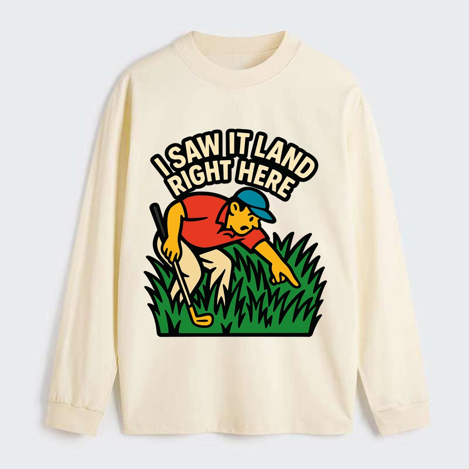 Golfer searching in deep rough - "I Saw It Land Right Here" - lost ball - Classic Long Sleeve Shirt - Beige