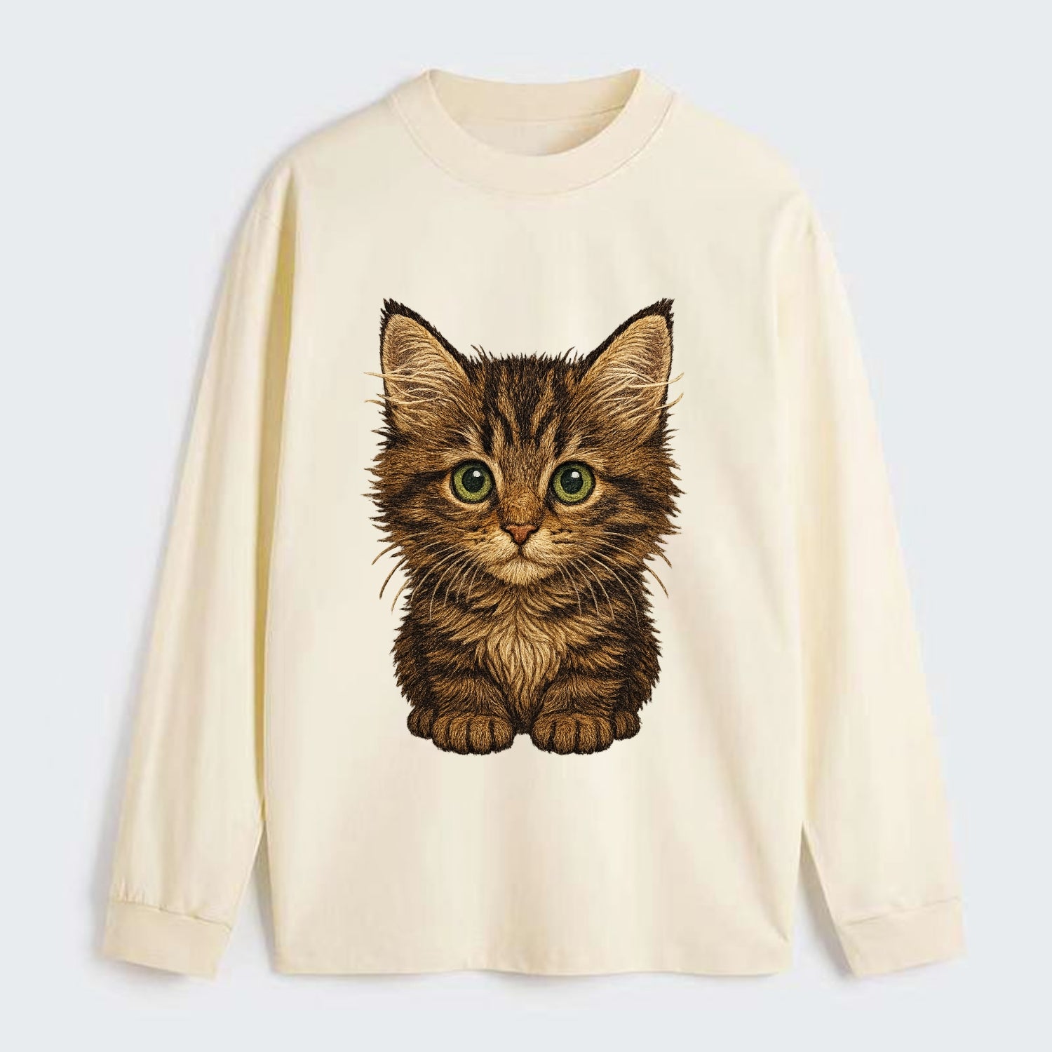Baby Maine Coon Kitten - large fluffy tabby, tufted ears, big green - Classic Long Sleeve Shirt - Beige