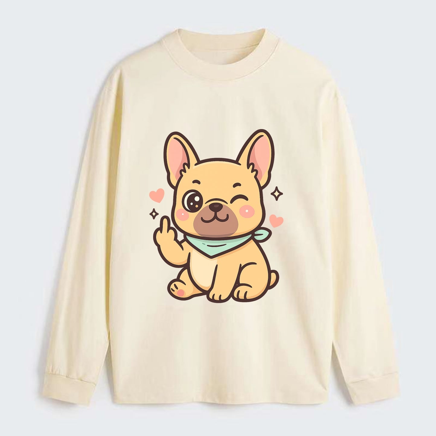 French Bulldog sitting with bat ears up, strong paw with sass - Classic Long Sleeve Shirt - Beige