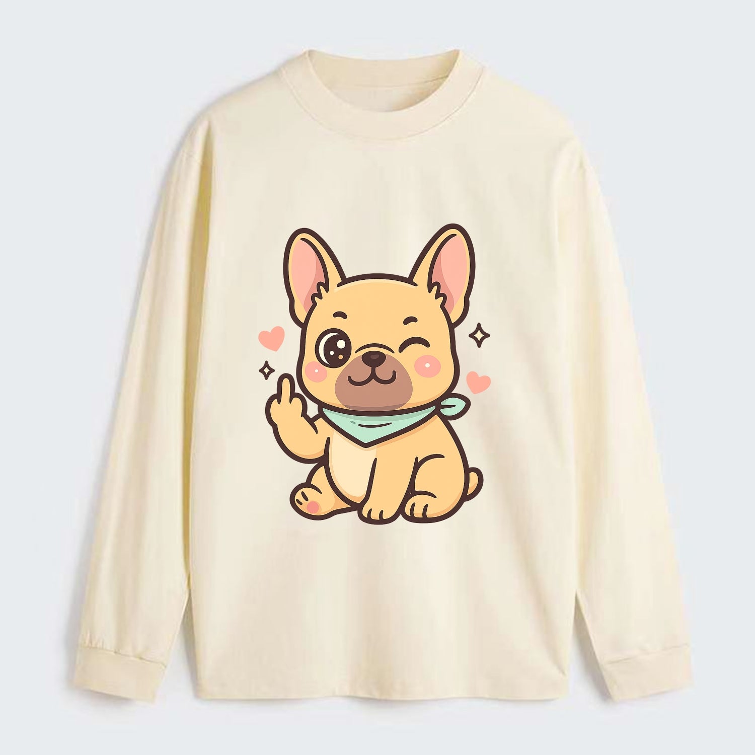 French Bulldog sitting with bat ears up, strong paw with sass - Classic Long Sleeve Shirt - Beige