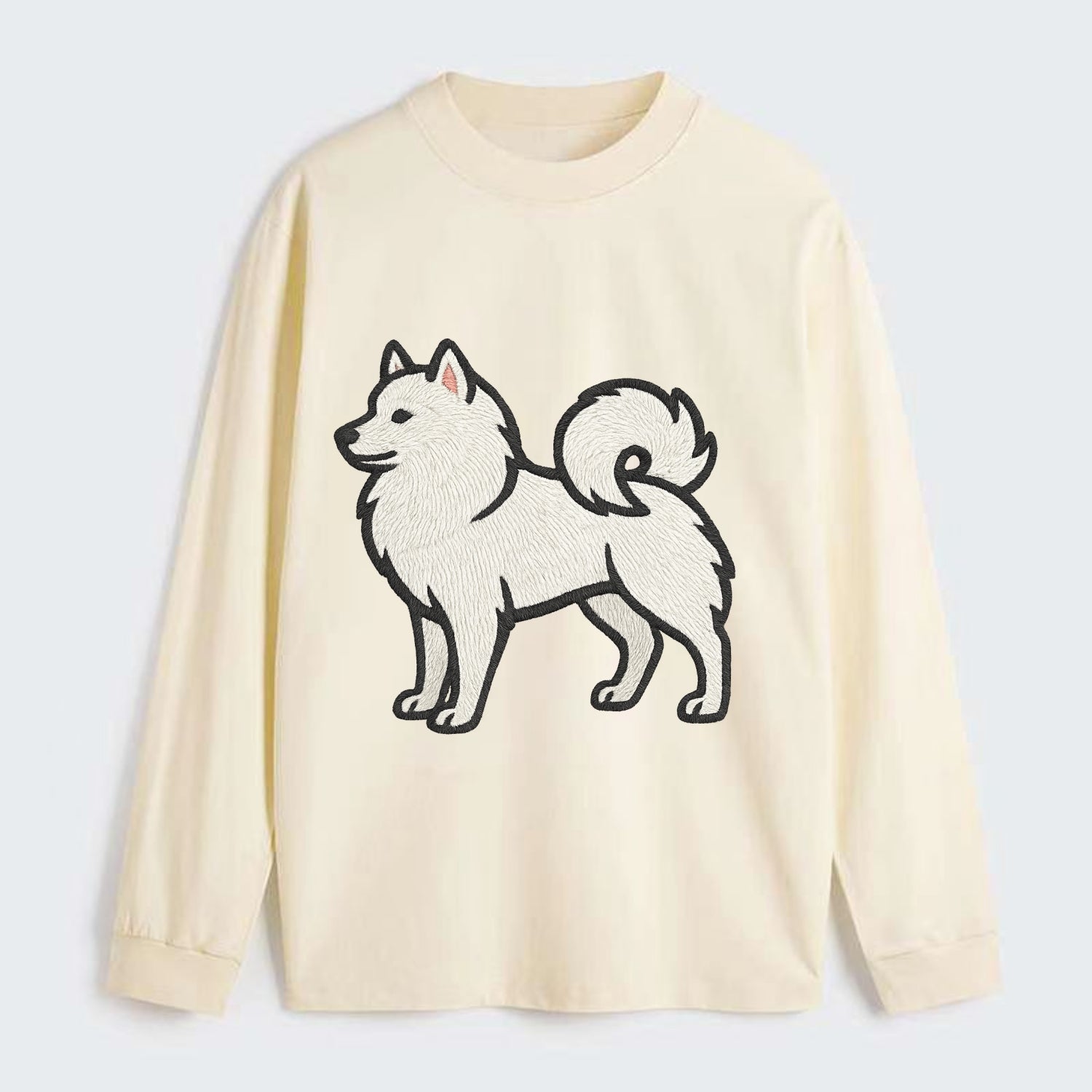 American Eskimo Dog - White spitz embroidered standing design - Classic Long Sleeve Shirt - Beige