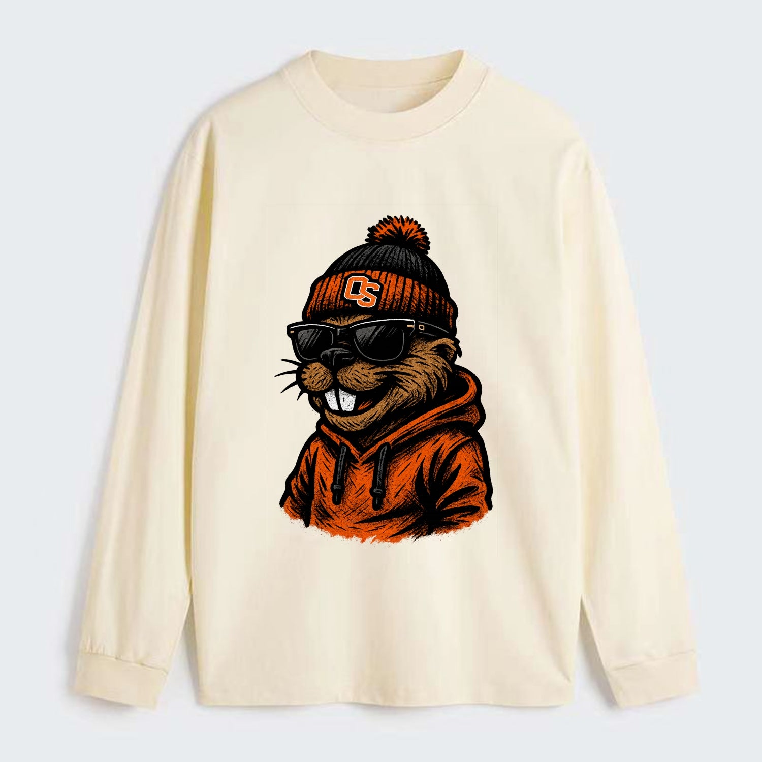 Corvallis Beaver wearing Oregon State beanie with OS patch - Classic Long Sleeve Shirt - Beige