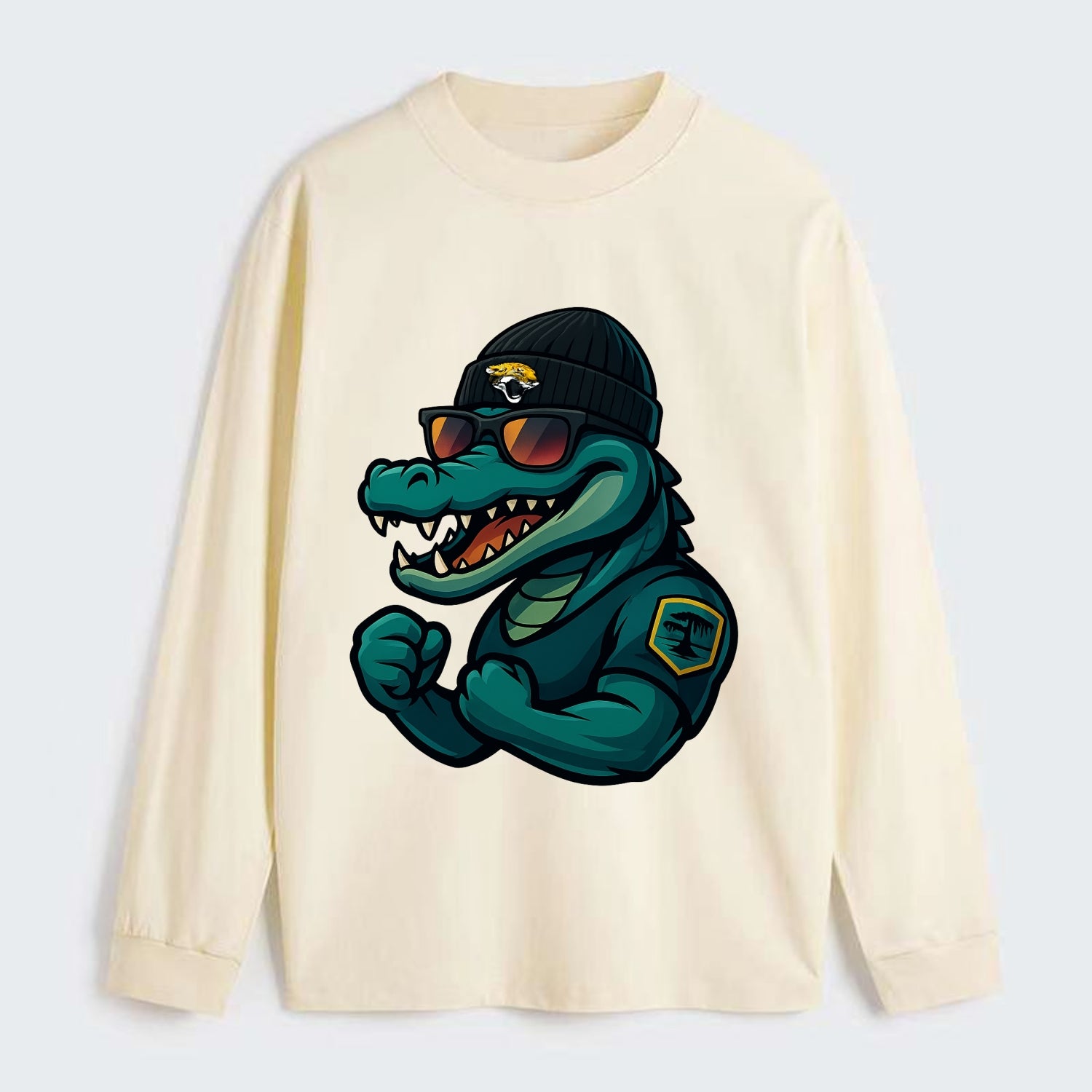 Jacksonville Alligator wearing Jaguars beanie with swamp patch and - Classic Long Sleeve Shirt - Beige