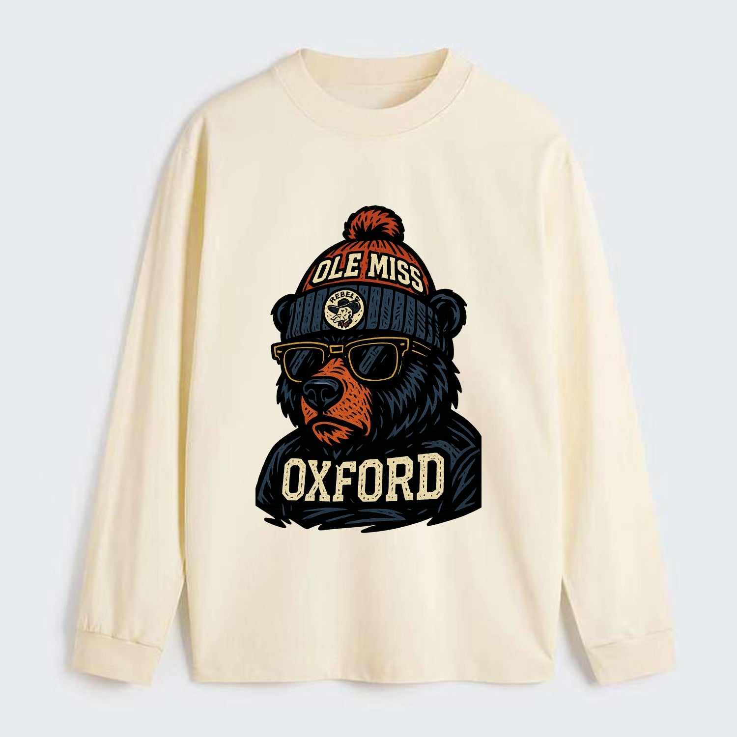 Oxford Black Bear wearing Ole Miss beanie with rebel patch - Classic Long Sleeve Shirt - Beige
