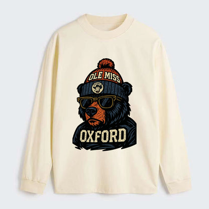 Oxford Black Bear wearing Ole Miss beanie with rebel patch - Classic Long Sleeve Shirt - Beige
