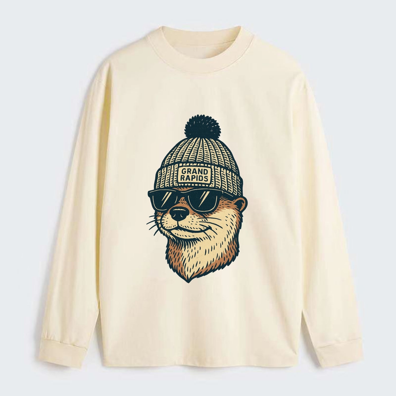 Grand Rapids River Otter wearing Grand Rapids beanie with pom pom and - Classic Long Sleeve Shirt - Beige