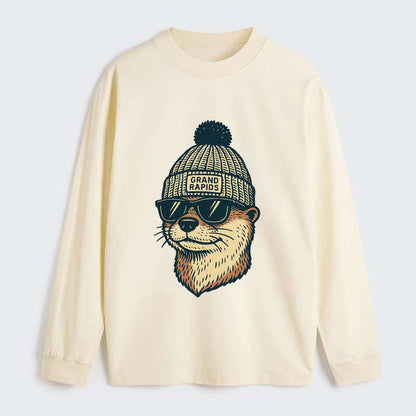 Grand Rapids River Otter wearing Grand Rapids beanie with pom pom and - Classic Long Sleeve Shirt - Beige