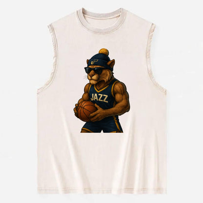 Utah Mountain Lion wearing Jazz navy and yellow beanie with music note and - Vintage Washed Tank - Beige