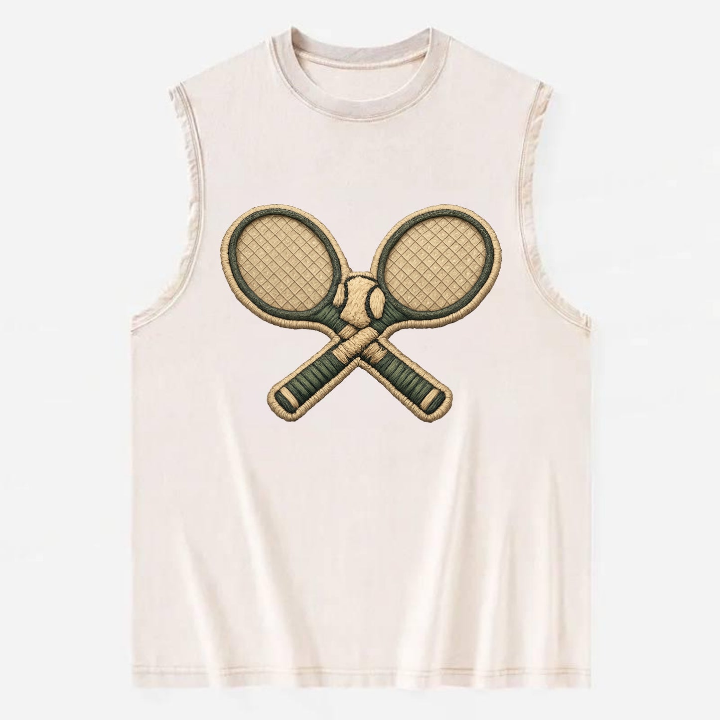 Embroidered patch design - TENNIS RACKET CROSSED - tennis rackets with ball - Vintage Washed Tank - Beige