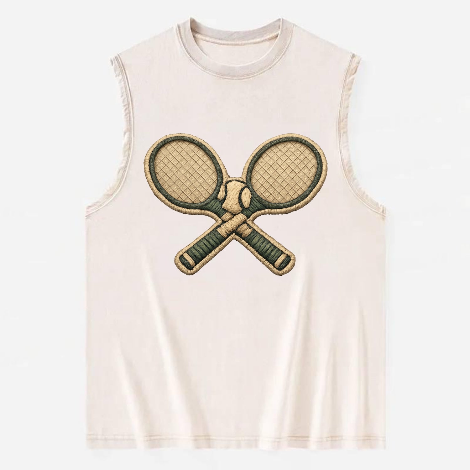 Embroidered patch design - TENNIS RACKET CROSSED - tennis rackets with ball - Vintage Washed Tank - Beige