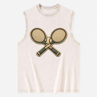Embroidered patch design - TENNIS RACKET CROSSED - tennis rackets with ball - Vintage Washed Tank - Beige