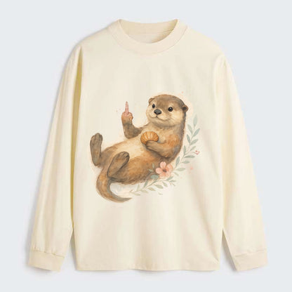 adorable otter floating on back, middle finger up while holding a - Classic Long Sleeve Shirt - Beige