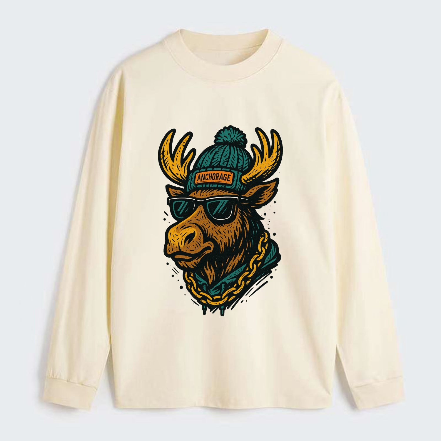 Alaska Moose wearing Anchorage beanie with pom pom and wayfarer - Classic Long Sleeve Shirt - Beige