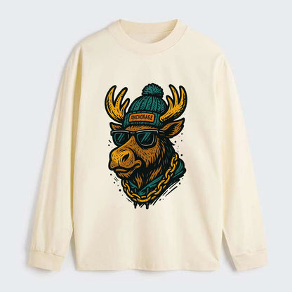 Alaska Moose wearing Anchorage beanie with pom pom and wayfarer - Classic Long Sleeve Shirt - Beige