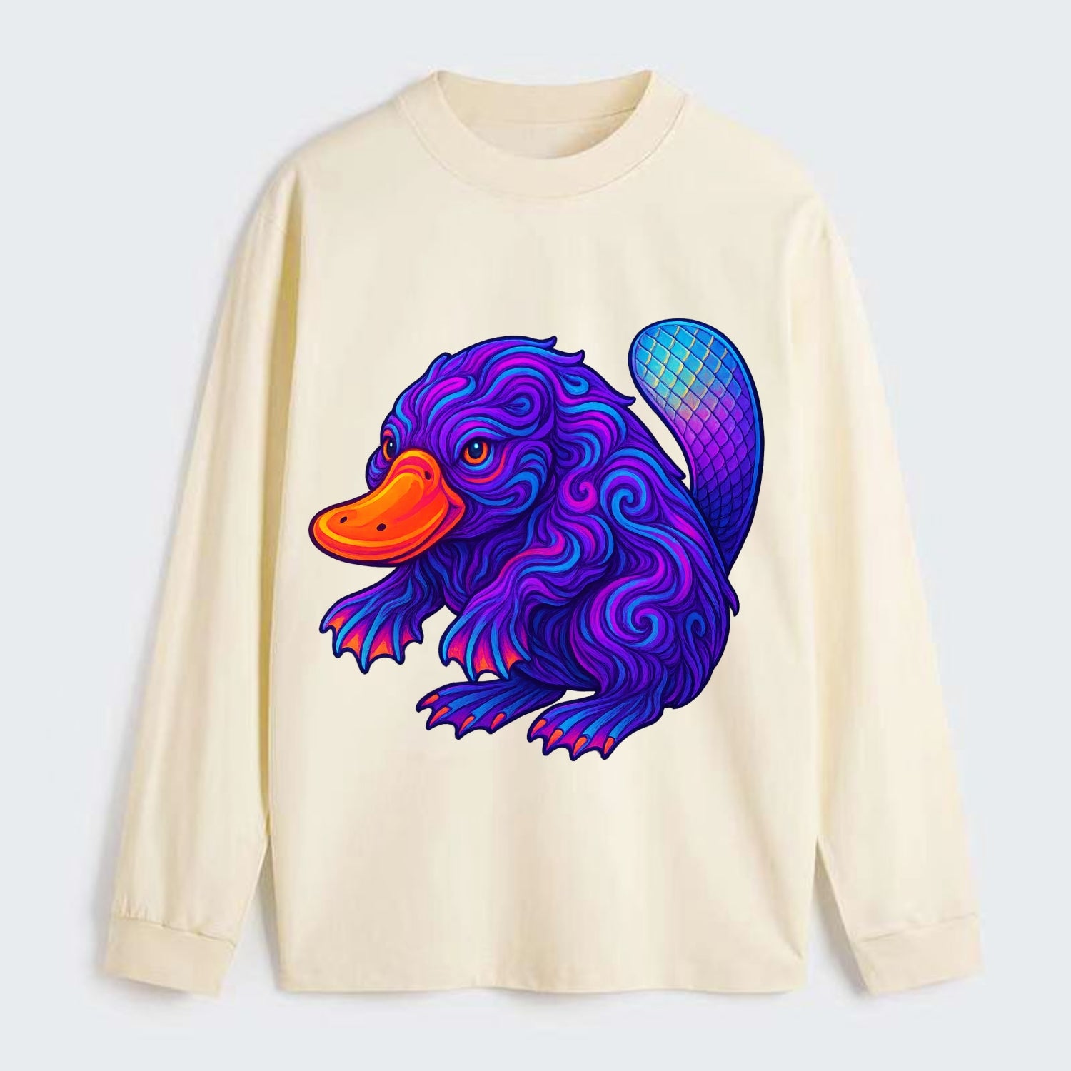 Quirky platypus with bill glowing in neon orange, beaver tail with - Classic Long Sleeve Shirt - Beige