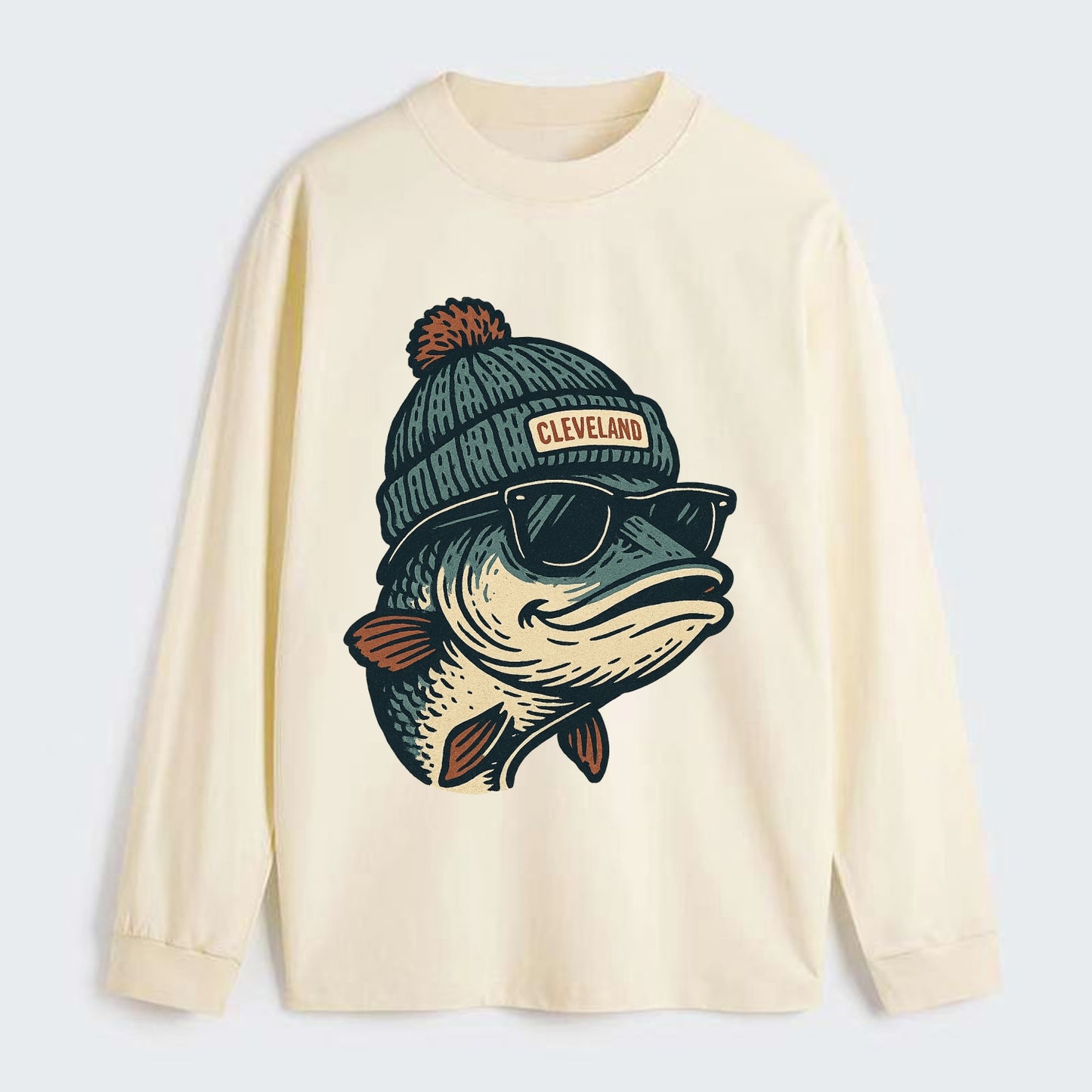 Cleveland Lake Erie Walleye wearing Cleveland beanie with pom pom and - Classic Long Sleeve Shirt - Beige