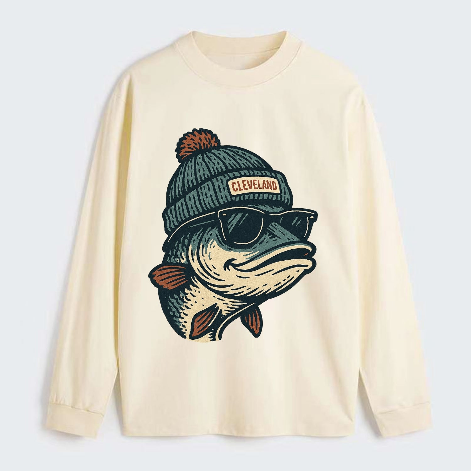 Cleveland Lake Erie Walleye wearing Cleveland beanie with pom pom and - Classic Long Sleeve Shirt - Beige