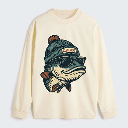 Cleveland Lake Erie Walleye wearing Cleveland beanie with pom pom and - Classic Long Sleeve Shirt - Beige
