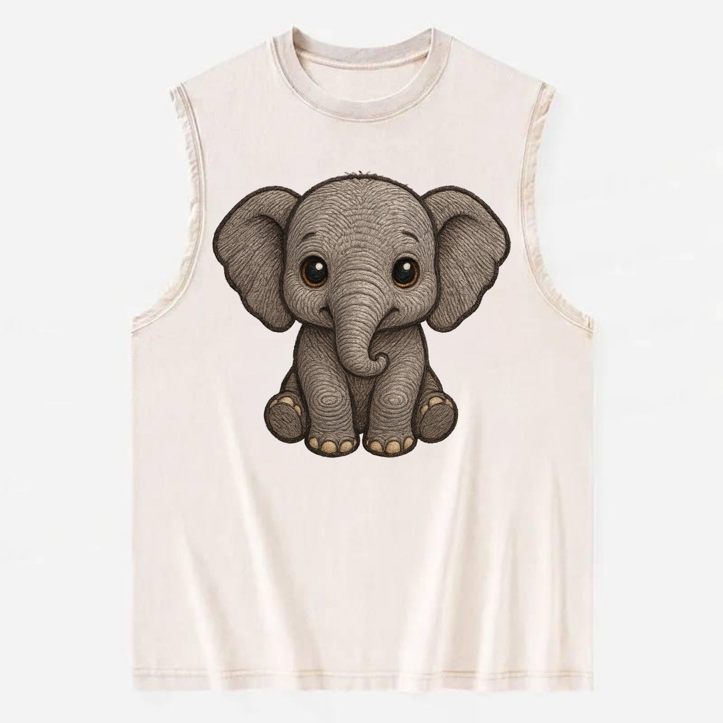 Baby Elephant - gray wrinkly, tiny trunk, large floppy ears, kind dark eyes, - Vintage Washed Tank - Beige