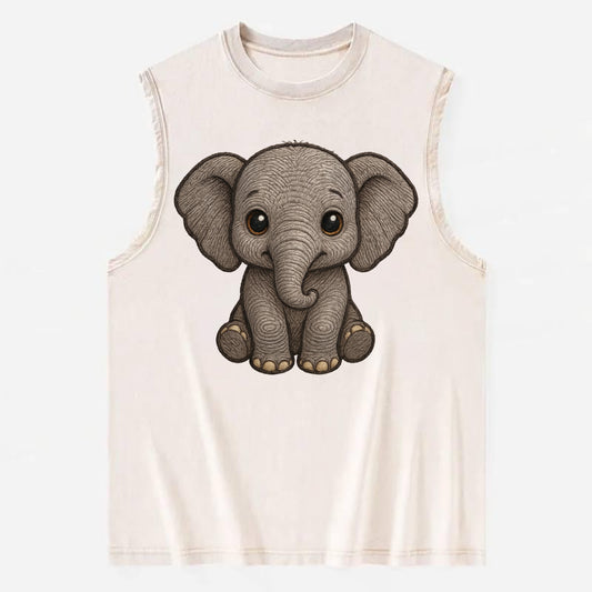 Baby Elephant - gray wrinkly, tiny trunk, large floppy ears, kind dark eyes, - Vintage Washed Tank - Beige
