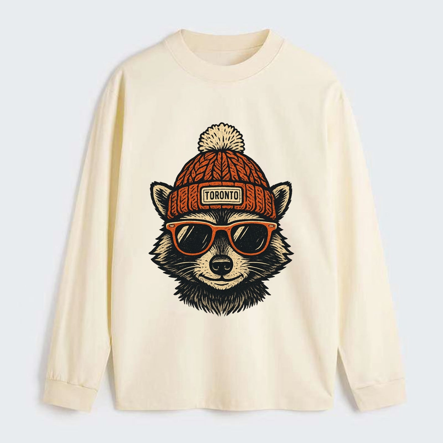 Toronto Raccoon wearing Toronto beanie with pom pom and wayfarer - Classic Long Sleeve Shirt - Beige